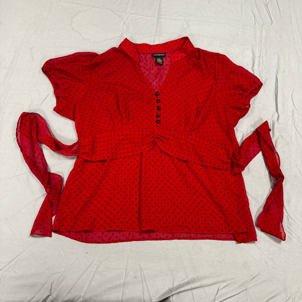 Lane Bryant Red Polka Dot Empire Waist Top Plus Size 18/20 Tie Back V-Neck - Picture 2 of 6